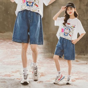 子供服 デニム ハーフパンツ ジュニア キッズ 女の子 可愛い ジーンズ ジーパン コットン 綿 ゆったり ウエストゴム ワイドパンツ 半ズボ