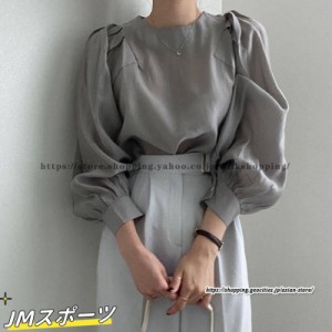 パフスリーブブラウス レディーストップスシャツ 長袖 春夏服 感 丸首 フリル プルオーバー 長袖ブラウス シャツブラウス オフィス 大人 