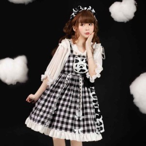 ワンピース 甘ロリータ 猫 チェック柄 モノトーン フリル レディース 萌え ドレス カチューシャ ロリータ服 JSK かわいい