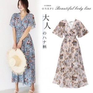 マキシ丈ワンピース 半袖 カシュクール ウエストゴム vネック バックリボン 花柄 シフォン レディース リゾート ビーチワンピース ロング