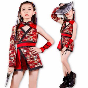 中華風 キッズダンス衣装 セットアップ 子供服 キッズ ダンス レッド hiphop jazz ヒップホップ ジャズ 子供衣装 ダンス 発表会 団体 演