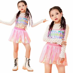 子供服 スパンコール ピンク ダンス衣装 キッズダンス 女の子 チアガール へそ出し スカート 3点セット キラキラ スパンコール jazz ダン