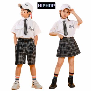 キッズダンス 子供衣装 子供ダンス 上下セット JK 白シャツ 半袖 ハーフパンツ スカート チェック柄 夏 ヒップホップ ダンス衣装 hiphop 