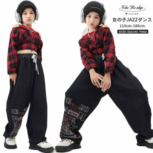 キッズダンス セットアップ 女の子 チェック 赤 デニムパンツ 子供ダンス衣装 JAZZ キッズ HIPHOP ジャズ チアガール チアダンス 長袖 長