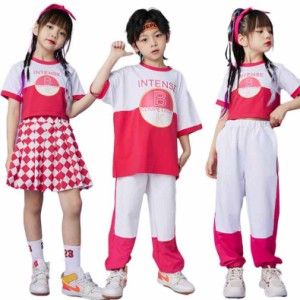 キッズダンス衣装 セットアップ レッド ピンク スカート チェック柄 Ｔシャツ 長ズボン ダンス服 お揃い 男の子 女の子 夏 半袖 オーバー