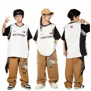 キッズダンス衣装 セットアップ ヒップホップ キッズ  tシャツ パンツ 男の子 女の子 ダンス衣装 カーキ色 トップス  ボトムス ショート