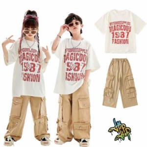 キッズダンス衣装 ストリート セットアップ ヴィンテージ ショップ tシャツ ホワイト プリント トップス 柔軟 カーゴパンツ カーキー 女