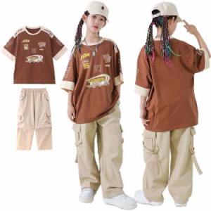 方程式 運動風 tシャツ ベージュ キッズダンス衣装 ストリート セットアップ ヒップホップ 衣装 トップス 子供服 女の子 男の子 tシャツ 