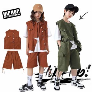 キッズダンス衣装 ベスト 韓国風 セットアップ ヒップホップ ベスト パンツ 緑 ブラウン 衣装 子供服 男の子 女の子 キッズ ストリート 