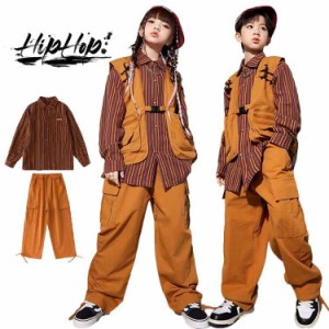 キッズダンス衣装 ネクタイ シャツ パンツ ベスト ブラウン セットアップ ヒップホップ 衣装 子供服 男の子 女の子 キッズ シャツ トップ