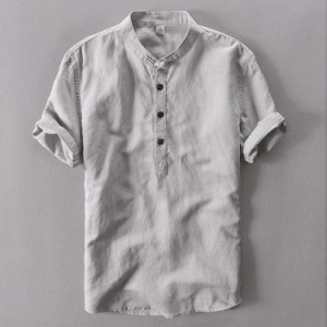 カジュアルシャツ リネンシャツ メンズ 半袖 無地 麻綿 シャツ 白シャツ カジュアル ヘンリーネック バンドカラー