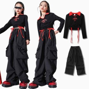 キッズダンス衣装 セットアップ 黒 2点セット トップス ロングパンツ カーゴパンツ ブラック 女の子 ダンス衣装 セットアップ 子供服 ジ