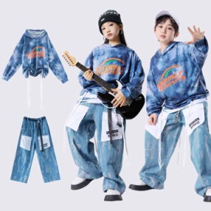 ダンス衣装 ヒップホップ キッズダンス衣装 セットアップ 青 パーカー ブルー パンツ デニム 子供服 女の子 男の子 HIPHOP 韓国 原宿系 