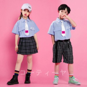 キッズ ダンス衣装 チアガール 制服 子供 上下セット ヒップホップ 女の子 男の子 子供 HIPHOP プリーツスカート 半袖 シャツ 応援団 文