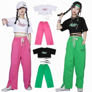 子供ダンス 女の子 ヒップホップ へそ出し tシャツ グリーン ピンク スウェットパンツ キッズダンス衣装 ロングパンツ セットアップ  韓