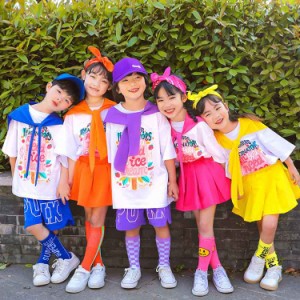 キッズ チア ダンス衣装 オレンジ パープル 蛍光色 ブルー バラ色 イエロー 子供ダンス 男の子 ヒップホップ セットアップ チアガール  