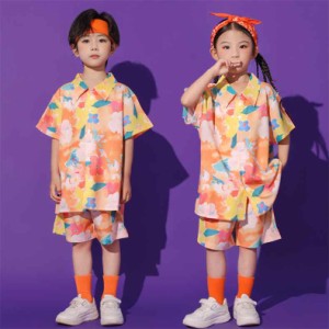 柄シャツ キッズダンス衣装 セットアップ オレンジ ブルー 子供服 ヒップホップ 女の子 男の子 ゆるシャツ 半袖 短パン カジュアル 可愛