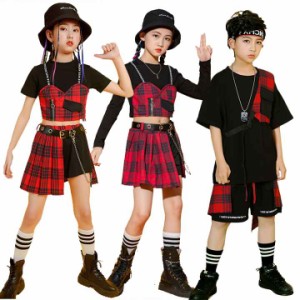 キッズダンス衣装 セットアップ 女の子 男の子 ヒップホップ 子供服 ダンス 衣装 キッズ パンツ スカート キッズダンス 衣装 チェック 半