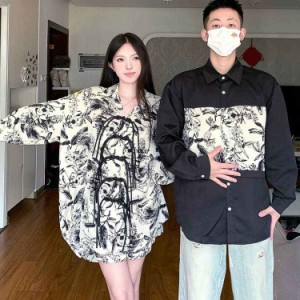 ペアルック カップル シャツ 長袖 お揃い 秋服 春服  レディース セットアップ メンズ 切り替え風シャツ  韓国風 可愛い レデース 水墨画