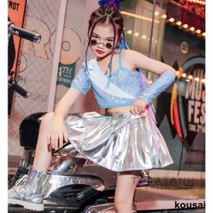 キッズ ダンス衣装 ガールズ ヒップホップ ジャズダンス 韓国 チアガール 応援団 ブルー スパンコール 銀 スカート セット アップチア へ