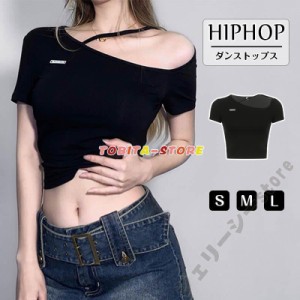 アシンメトリー トップス レディース ダンス衣装 ショート丈 半袖Tシャツ ストリート系 韓国ファッション ダンス トップス へそ出し ｔシ