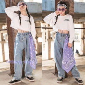 デニムパンツ キッズ ダンス衣装 セットアップ ヒップホップ HIPHOP 長袖 トップス パンツ ズボン 男の子 女の子 子供服 ステージ衣装 練