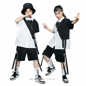 派手 シャツ 白 ショートパンツ 黒 キッズダンス衣装 セット 子供服 ヒップホップ 衣装 男の子 女の子 ダンス 衣装 k-pop キッズ 演出服 