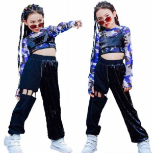 スパンコール 子供服 へそ出し ヒップホップ キッズダンス衣装 セットアップ 女の子 迷彩 ダンス 衣装 ヒップホップ キッズ ダンス衣装 