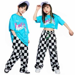 tシャツ 青 パンツ チェック柄 キッズダンス衣装 セット 子供服 ヒップホップ キッズ ダンス衣装 トップス 半袖 パンツ ロング丈 ストリ