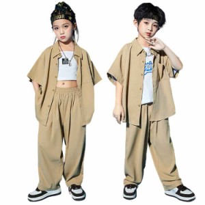 キッズ ダンス 衣装 女の子 男の子 k-pop カーゴ服 ダンス衣装 セットアップ キッズ トップス 半袖 パンツ カーキー 練習着 子供服 スト