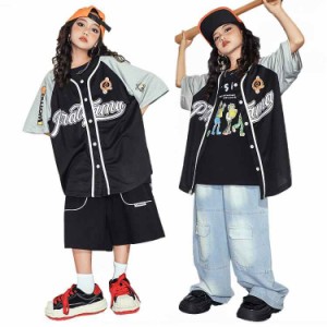 キッズ ダンス 衣装 ベースボールシャツ 半袖 パンツ 黒 青 子供服 ヒップホップ キッズ ダンス衣装 シャツ ベスト 黒 デニムパンツ ズボ