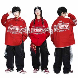 キッズダンス ダンス衣装 セットアップ 子供服 シャツ 赤 長袖 パンツ 黒 ヒップホップ キッズ ダンス 衣装 ゆるシャツ カーゴパンツ ス