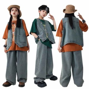 デニム服 キッズダンス衣装 セットアップ 子供服 tシャツ ベスト パンツ ダンス 衣装 ヒップホップ 男の子 女の子 ダンスウェア ジュニア