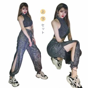 スパンコール 衣装 ダンス衣装 レディース セットアップ シルバー ステージ 衣装 ダンス 衣装  アイドル 衣装 舞台服 へそ出し 社交ダン