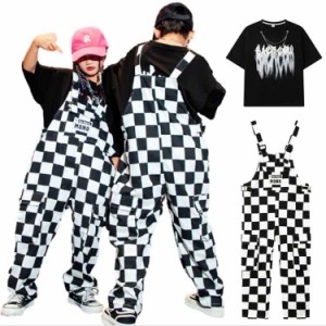 キッズ ダンス 衣装 チェック柄 サロペット Tシャツ ヒップホップ 男の子 女の子 韓国 セットアップ ゆったり ジャズダンス 半袖 ダンス