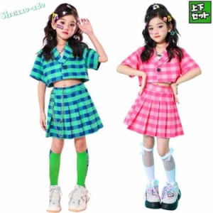 キッズ ダンスウェア 女の子 チェック柄 グリーン ピンク チアガール 応援団 キッズダンス衣装 セットアップ ヒップホップ hiphop ジャズ