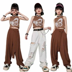 キッズダンス衣装 セットアップ ヒップホップ シンプル系 子供 ガールズ ブラウン ホワイト タンクトップ 袖なし パンツ 女の子 ダンス衣