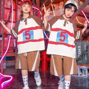 ブラウン ベージュｔシャツ パンツ キッズダンス衣装 セットアップ 発表会 応援団 女の子 男の子 チアガール ダンスウェア ステージ衣装 