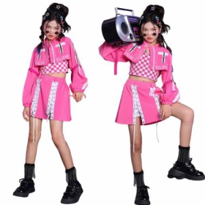 キッズ へそ出し トップス ダンス衣装 チェック柄 ピンク 長袖 タンクトップ パンツ かっこいい ヒップホップ 女の子 ガールズ セットア