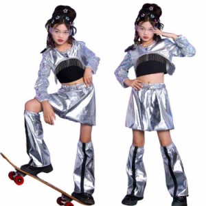 キッズ ダンス 衣装  キラキラ スパンコール セットアップ タンクトップ スカート レッグウォーマー 黒 シルバー HIPHOP DS 子供服 キッ