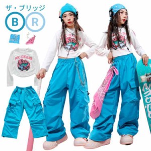 キッズダンス衣装 女の子 セットアップ 長袖 ブルー ホワイト 花柄 ワイドパンツ カーゴパンツ ダンスパンツ パンツ 韓国風 子供服 ガー