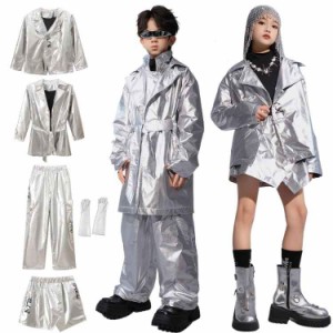 シルバー ジャケット ダスターコート キラキラ キッズ ダンス 衣装 子供服 ヒップホップ 銀色 メタリック キッズダンス 子供 ジャケット 