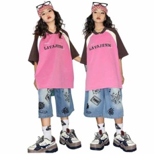 キッズダンス衣装 セットアップ チームお揃い 男の子 女の子 hiphop ダンスシャツ Ｔシャツ ショーツ ピンク デニムショーツ イラスト レ