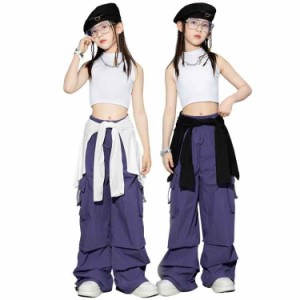 キッズ ダンス 衣装 セットアップ へそ出し パープル ロングパンツ ヒップホップ チアガール ガールズ 子供 韓国 HIPHOP キッズ ダンス 