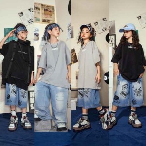 キッズダンス衣装 セットアップ チームお揃い 男の子 女の子 hiphop ダンス Ｔシャツ ショーツ デニムパンツ イラスト イベント カジュア