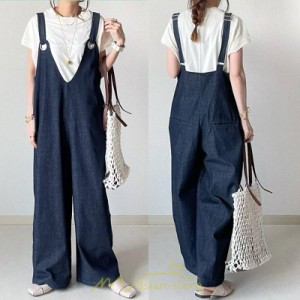 サロペット レディース デニムサロペット デニムパンツ 大人 無地 ひも調整可 ワイドパンツ ストレート denim Vネック ノースリーブ カワ