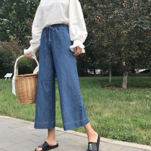 ワイドパンツ レディース デニムパンツ ストレート 九分丈 八分丈 低身長 ボトムス 春物 春夏秋 ズボン ジーンズ ウエストゴム リボン付