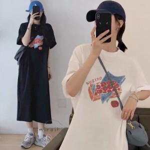 Tシャツワンピース 2素材感 ミルクシルク コットン 半袖 五分袖 レディース ワンピース ミモレ丈 プリント クルーネック 白 黒 ゆったり 