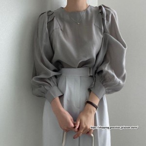 パフスリーブブラウス レディーストップスシャツ 長袖 春夏服 透け感 丸首 フリル プルオーバー 長袖ブラウス シャツブラウス オフィス 