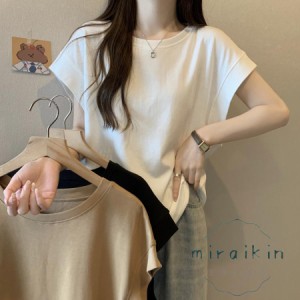 tシャツ Tシャツ 綿 コットン ドルマンスリーブＴシャツ レディース ゆったり 大きいサイズ 無地 クルーネック 涼しい 夏 リラックス カ